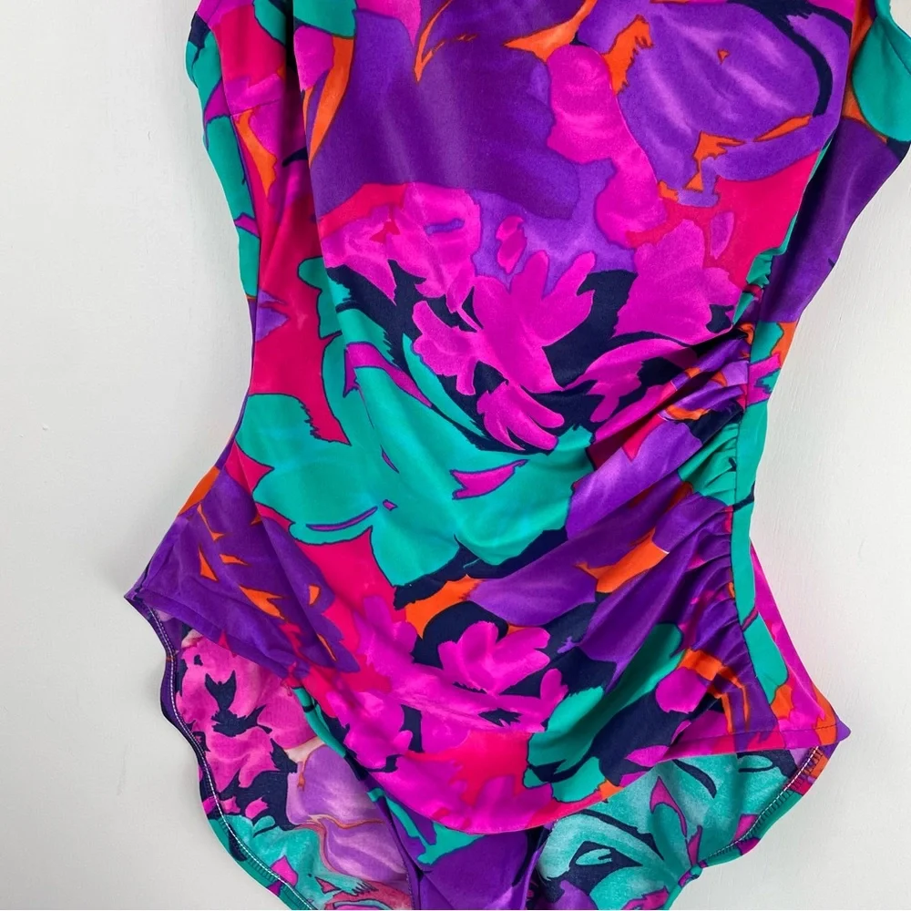 Vtg Y2K Abstract Swim One Piece Sz 16 High Cut Neon Floral Print Ruched